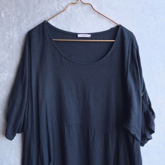 DIVERSE ITALIA Black Linen Blend Slouchy Dress O/S 1X Lagenlook Roll-Tab Sleeve - Picture 5 of 10
